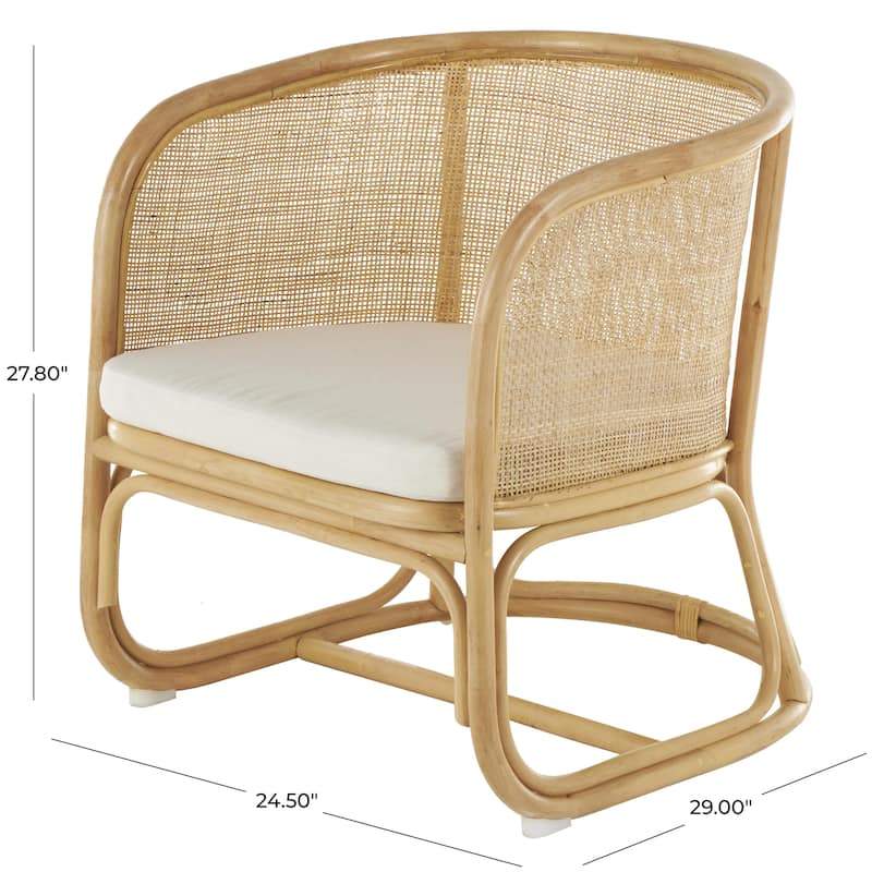 Rattan Woven Rounded Accent Chair with White Fabric Cushion - Light Brown - Roche River Decor