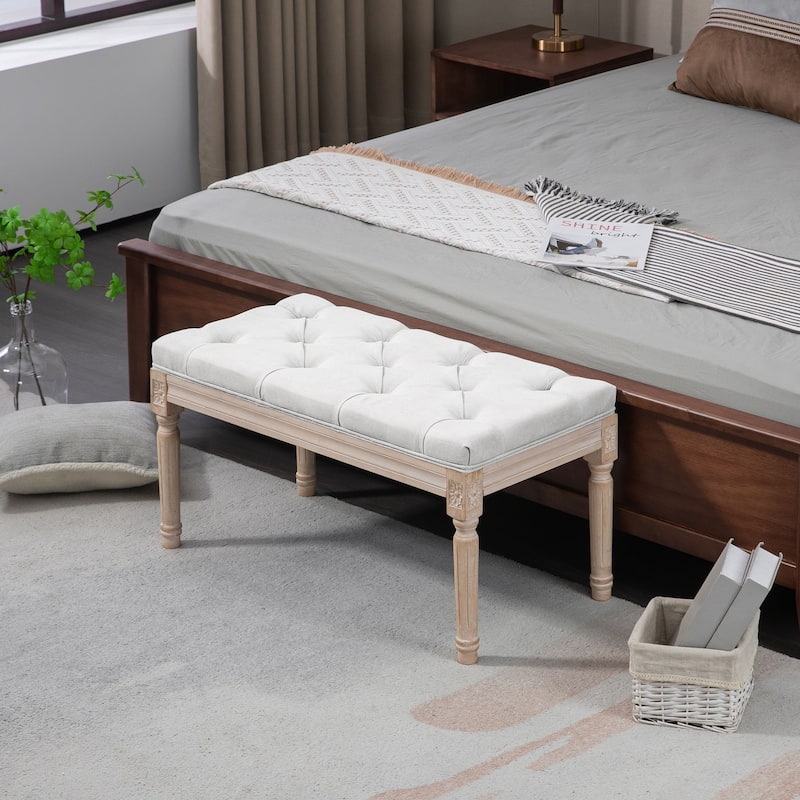 Cream White Linen Feel Upholstered Bench with Button Tufted Seat French Vintage Accent End of Bed or Entryway Bench