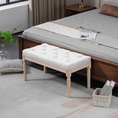 Cream White Linen Feel Upholstered Bench with Button Tufted Seat French Vintage Accent End of Bed or Entryway Bench