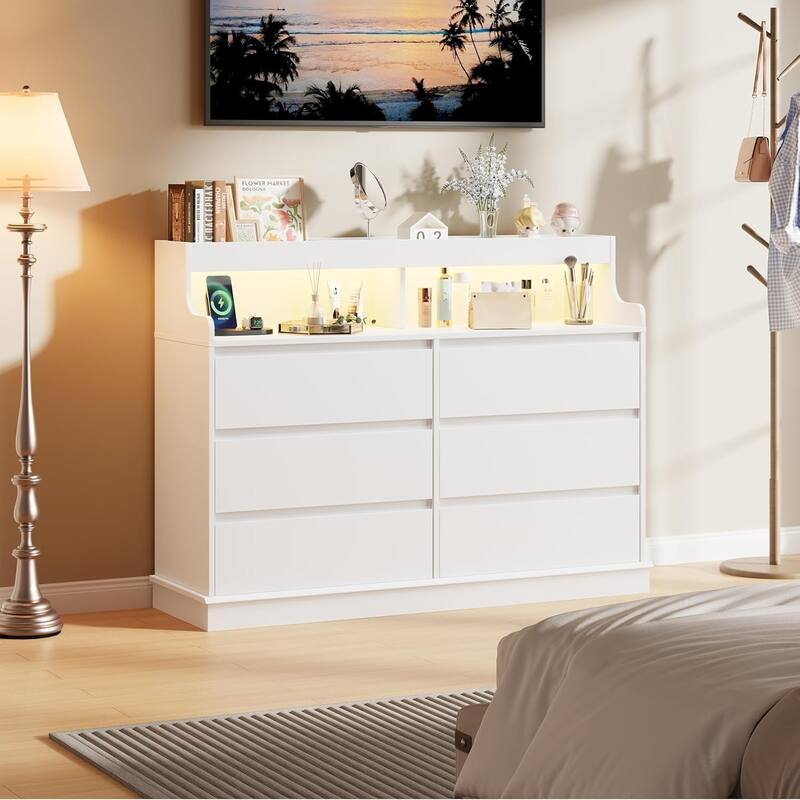 Dresser for Bedroom with 6 Drawers, Modern Chest Featuring LED Lights and Charging Station - White - 6-drawer