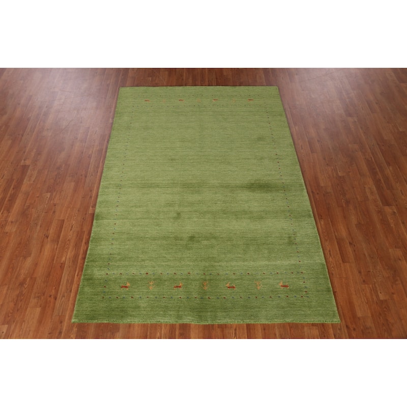 Hand Knotted Oriental 100% Wool Carpet Tribal Animal Pictorial Green Gabbeh Area Rug - 7' 6'' X 5' 2''