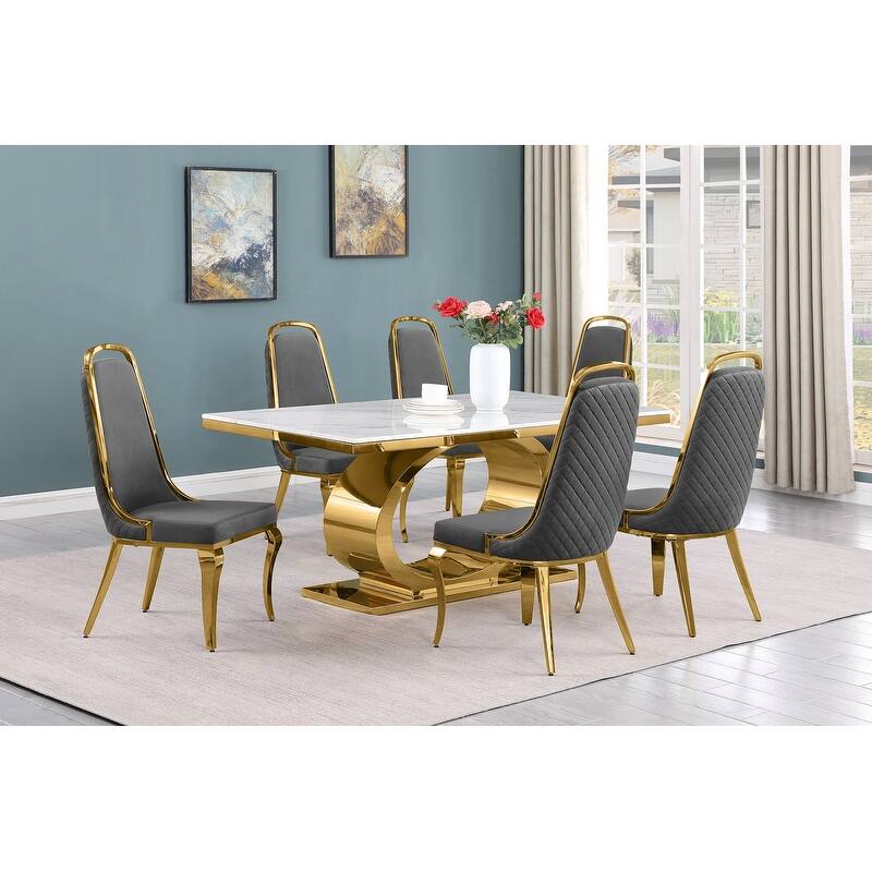Best Quality Furniture D430/1-SC310-7 Dining Set with 68" White Marble Top - 7-Piece - Dark Grey / Gold