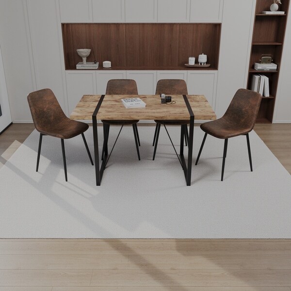 Heoje Lena MDF Dark Wood Dining Table and Modern Dining Chair 4 Piece Set Medieval Wooden Kitchen Dining Table Set Rectangular Metal Base Wood