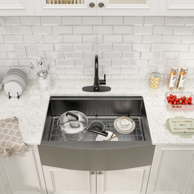 Farmhouse/Apron-Front Nano PVD Gunmetal Black Stainless Steel Workstation Kitchen Sink with 2-Function Pull-Down Kitchen Faucet