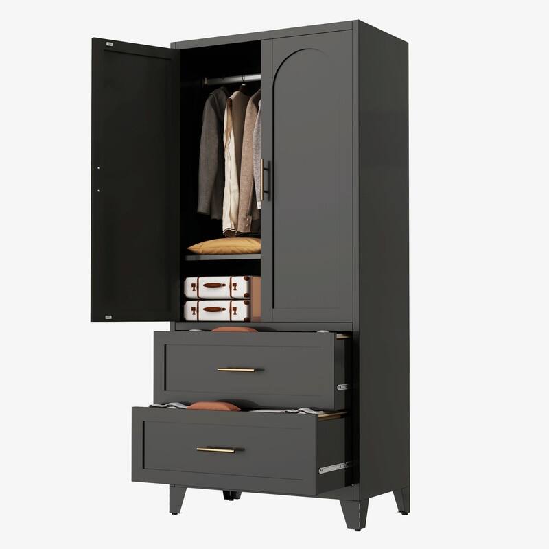 71" Tall Metal Wardrobe Cabinet with 2 Drawers, Hanging Rod, and 2 Doors, Wardrobe Closet with Shelf