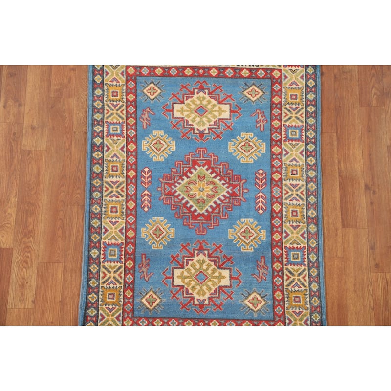Blue Geometric Kazak Accent Rug Hand-Knotted Bedroom Wool Carpet - 2'7" x 4'0"