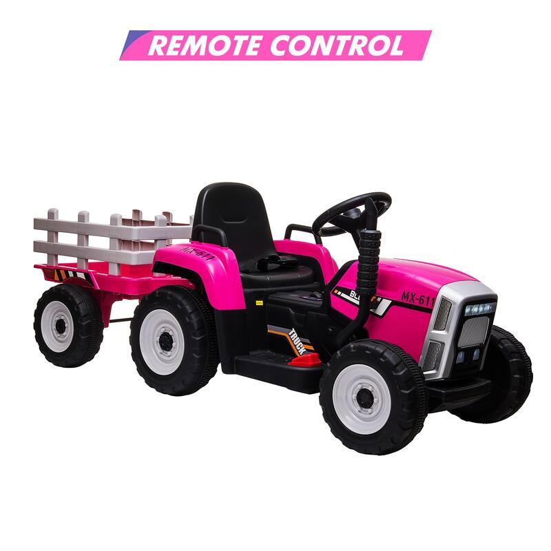 12V Kids Electric Tractor w/Remote Control Treaded Tires,Battery Powered Ride On Tractor with Trailer & 2+1-Gear-Shift