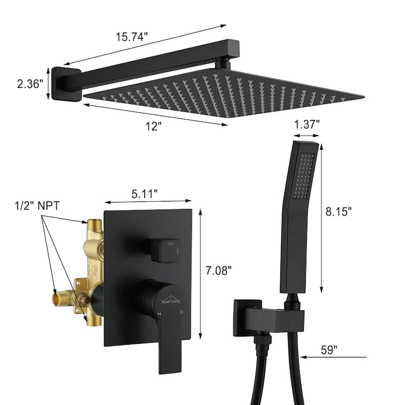 2.5 GPM 12 in. Wall Mount Dual Shower Heads with Pressure Balance Valve