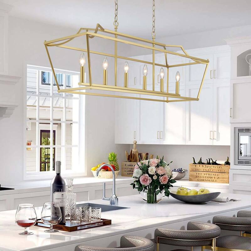 Mid-century Modern 6-light Gold Rectangle Chandelier for Dining Room