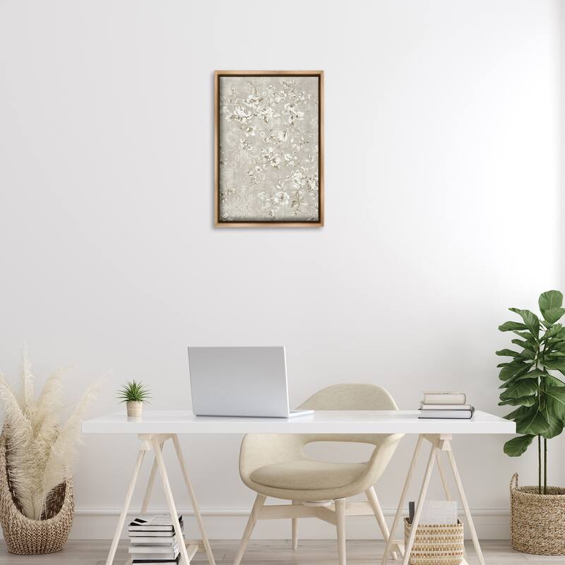 Stupell White Flowers over Damask Framed Floater Canvas Wall Art Design By LSR Creative Studio