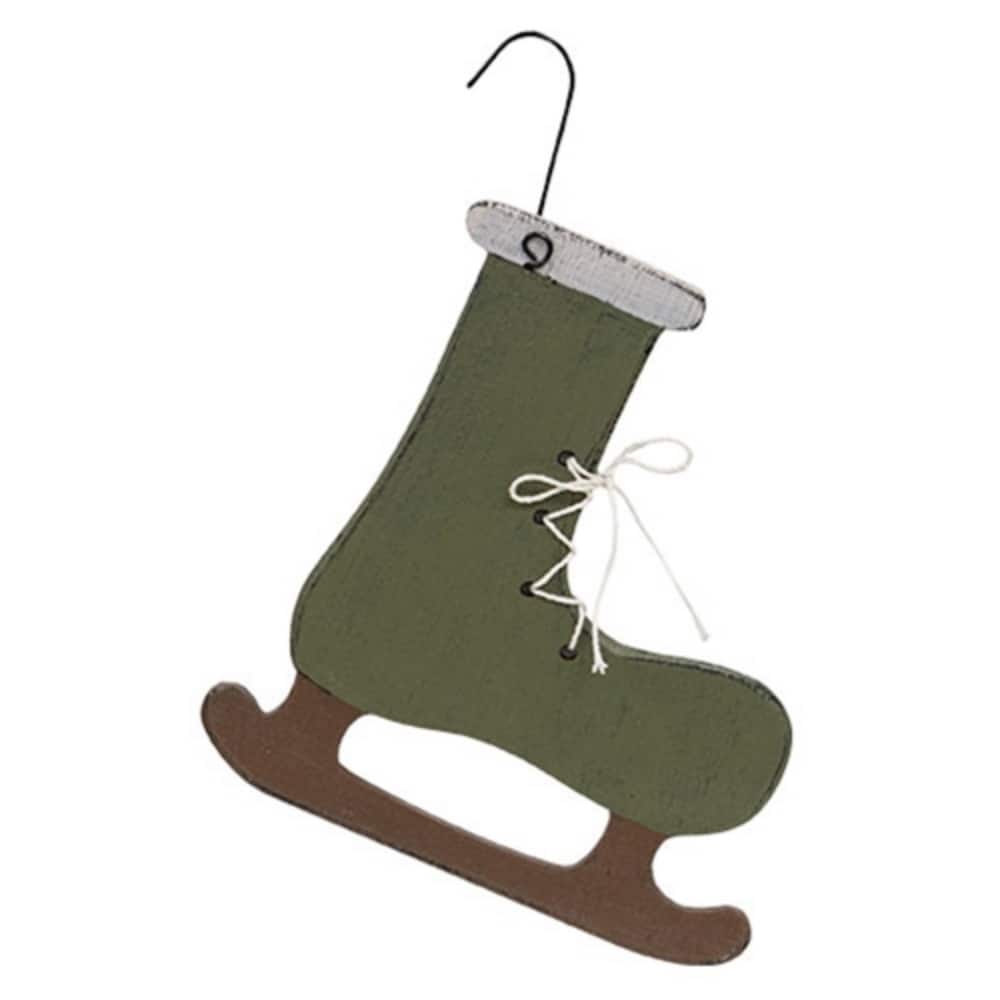 Rustic Green Wooden Ice Skate Ornament with White Laces and Black Wire Hook for Christmas - 6" H x 5.5" W x .75" D