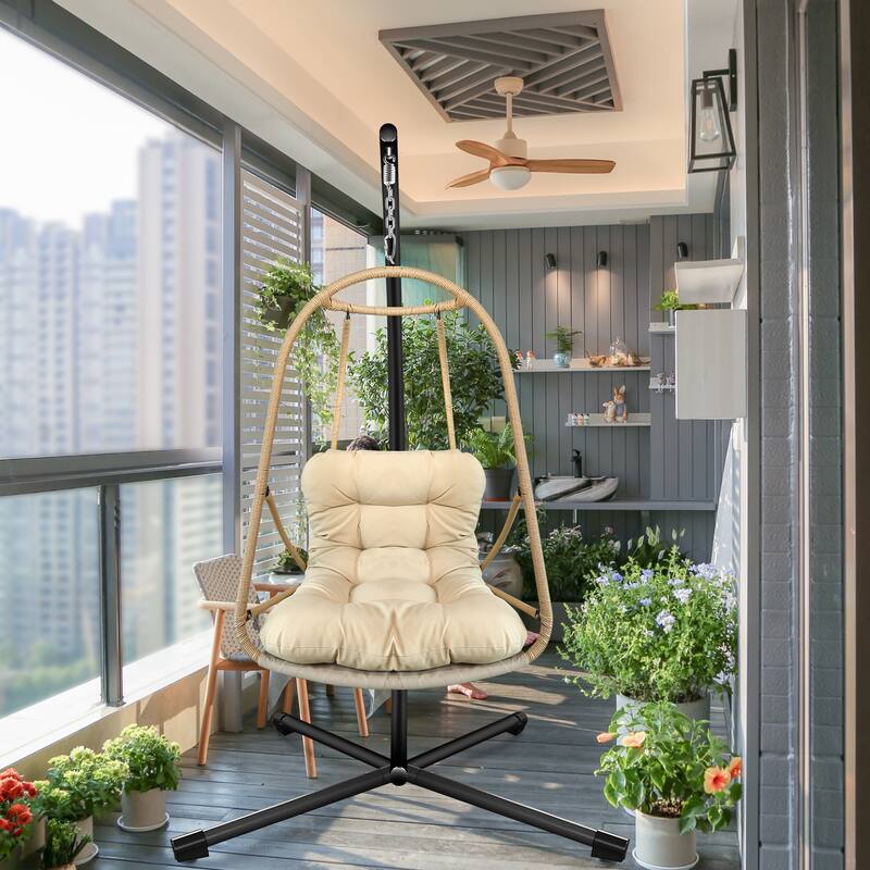 Wicker Swing Egg Chair with Metal Stand and Cup Holder, Patio Hanging Chair with Cushion and Pillow, C Type Bracket