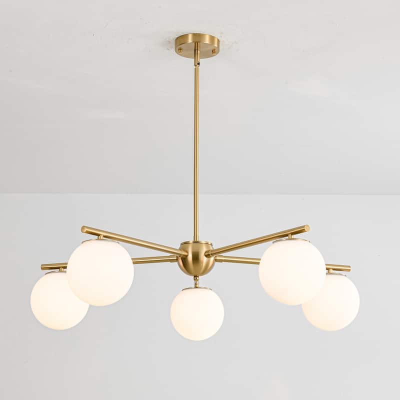 5-Light Brass Globe Chandelier, Modern Mid-Century Pendant for Living Room & Dining Room - 5 Light