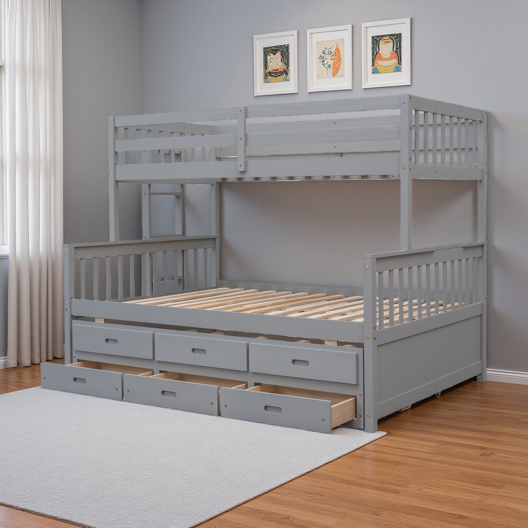 Twin Over Full Wood Bunk Bed with Twin Trundle and 3 Drawers