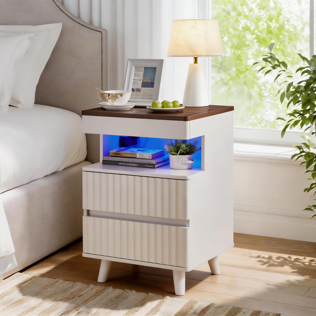 Modern Bedside Table with Gun Drawer,Bedside Table with Charging Station, 2 Drawers and Open Shelf,Side Table for Bedroom