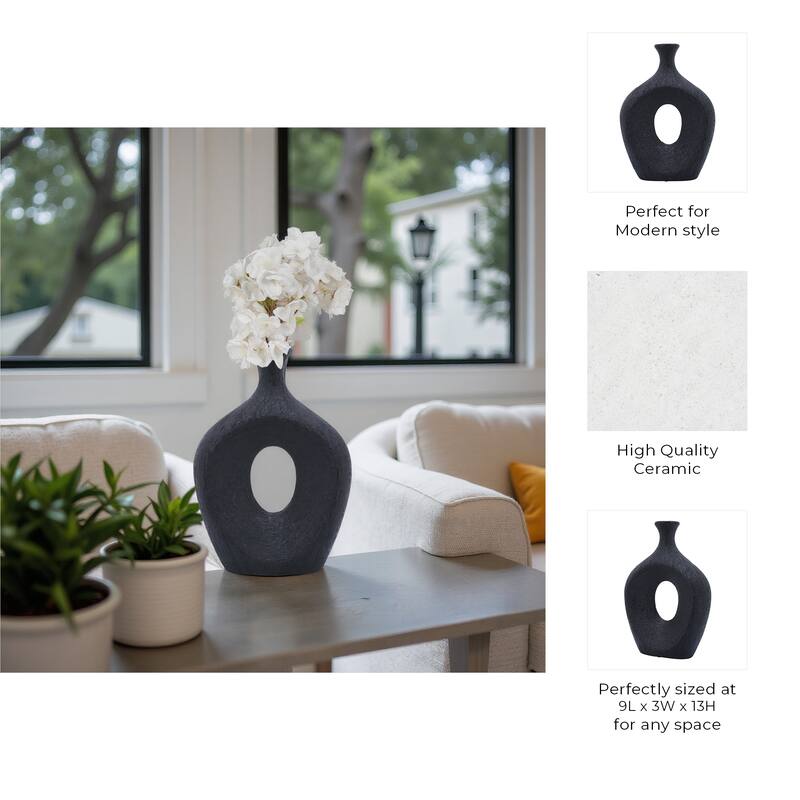 Modern Ceramic Textured Oval Cut-Out Vase - Home Decor - 13"