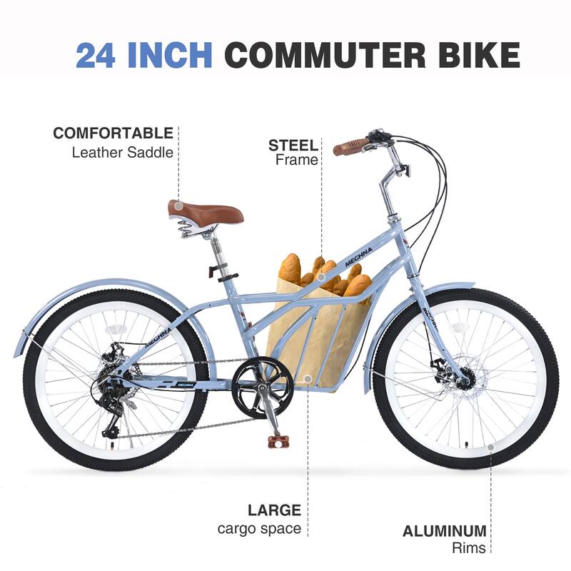 24 Inch Comfort Bike Urban Commuter Bicycles, 6 Speed Road Bicycles w/Dual Disc Brakes, Steel Frame for Teens, 16 Years and Up