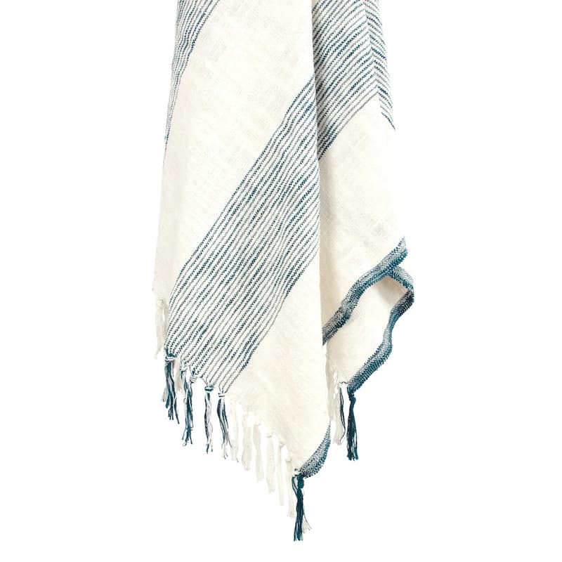 HomeRoots 50" X 60" Ivory Cotton Woven Striped Throw Blanket with Fringe