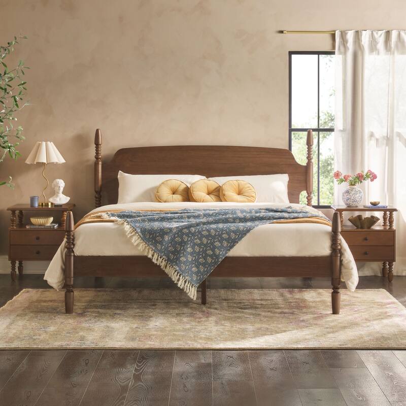 Walker Edison Spindle King Bed with 2-Drawer Nightstands Bedroom Set - Dark Brown