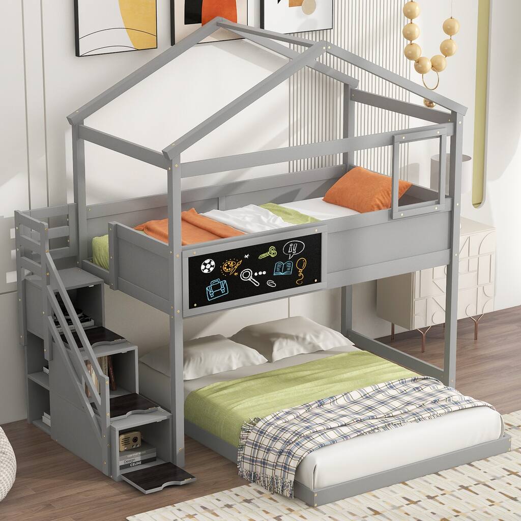 House-Shaped Twin over Full Bunk Bed with Blackboard and Storage, Gray