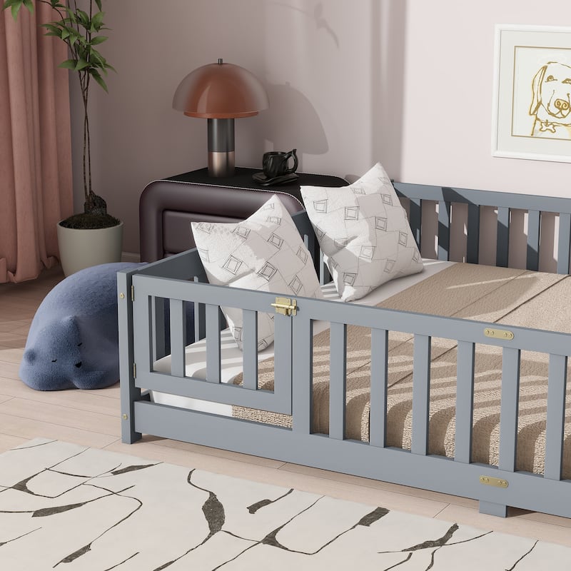 Grey Queen Size Wooden Floor Bed with Fence, Door, Rubber Safety Guardrails