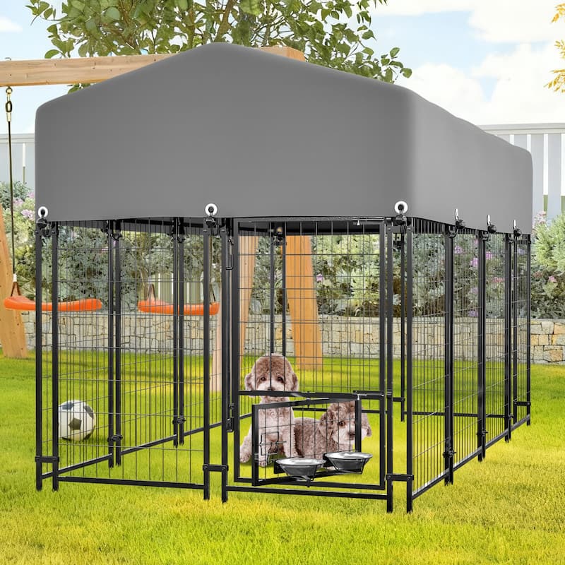 GDFStudio - Large Outdoor Heavy Duty Metal Dog Kennel with Roof, UV-Resistant Waterproof Cover, Double Lock & Rotating Feeder - 2.4x1.3x1.5M