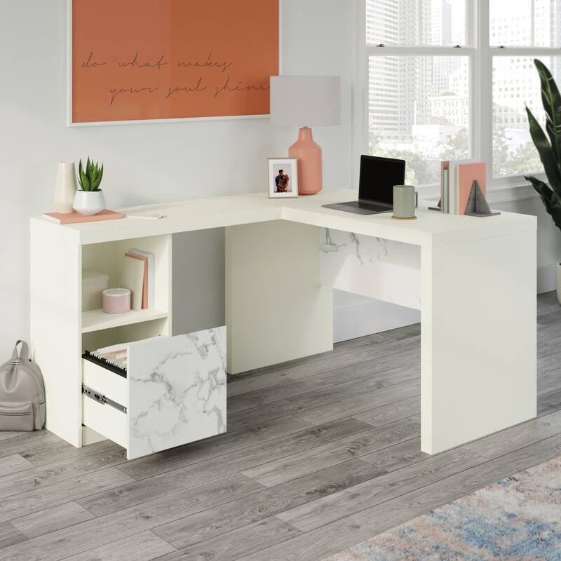 White L-Shaped Desk with File Drawer 59 Inch Marble Accent Home Office Workstation
