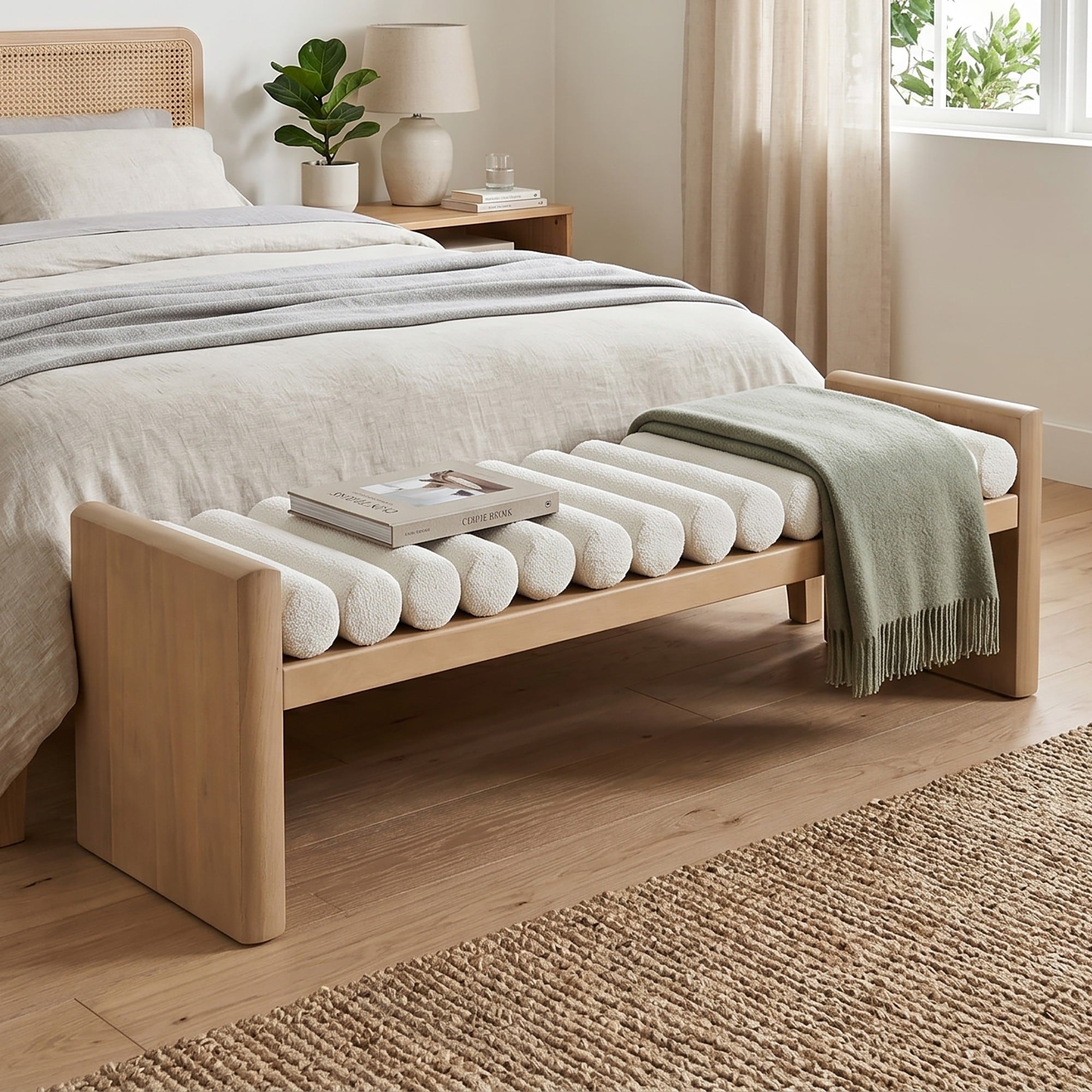 Christopher Knight Home - Modern Chenille Upholstered Ottoman Bench with Rubberwood Frame and Rolled Cushion Seating