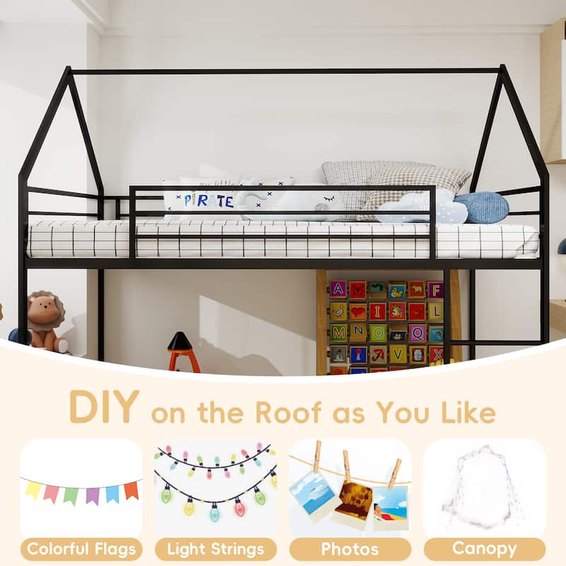 Roomfitters Metal Twin Over Twin House-Shaped Bunk Bed with Safety Guardrail, Heavy-Duty Noise-Free Frame, No Box Spring Needed
