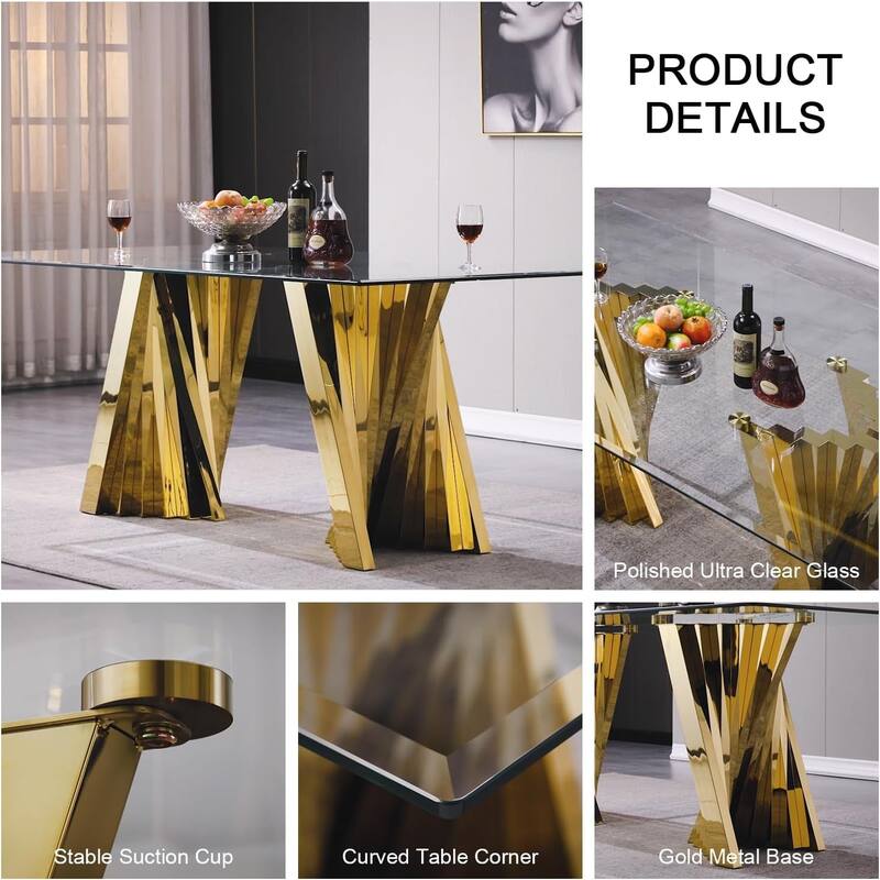 Luxury 78 inch Glass Dining Table with Mirrored Stainless Steel Base