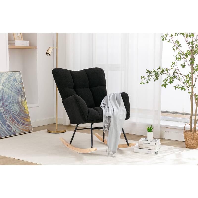 Black Teddy Modern 31.5" High Back Upholstered Buttons Tufted Rocking Chair with Solid Wood Legs and Black Paint Metal Base