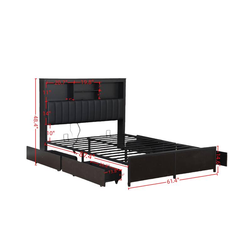 King/Queen Storage Bed with LED Headboard, Charging Station & 4 Drawers
