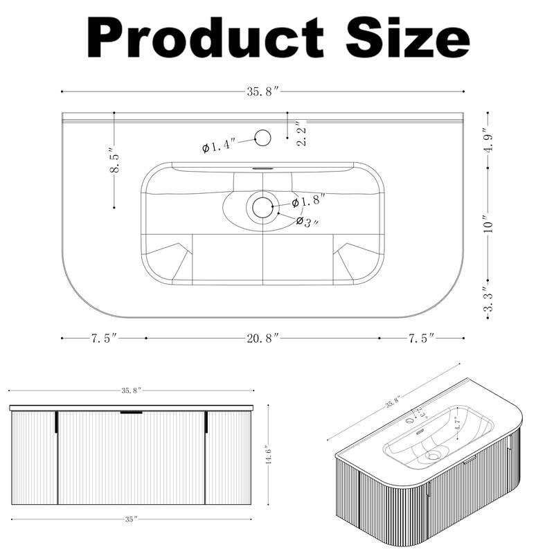 GDF Studio - Verona Floating Bathroom Vanity with Curved Edge Storage & Ceramic Basin without Faucet