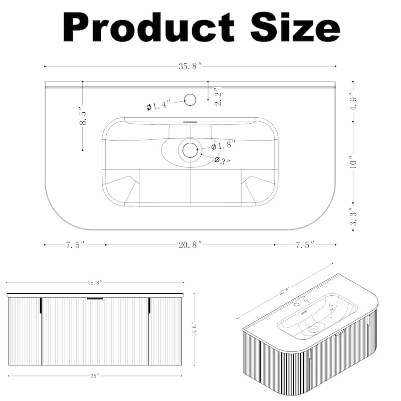 Wall-Mounted Floating Bathroom Vanity with Side Drawers,Ceramic Basin without Faucet