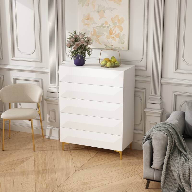 Asymmetrical Drawer Highboy - Chic White Storage Chest with Gold Legs
