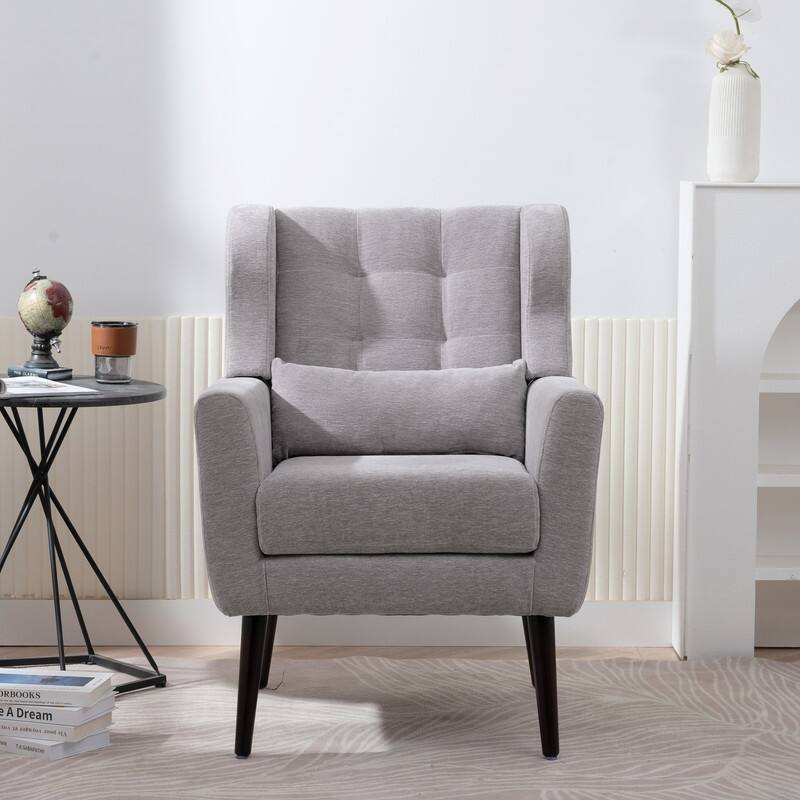 Modern Chenille Upholstered Armchair with Pillow and Solid Wood Leg - Grey