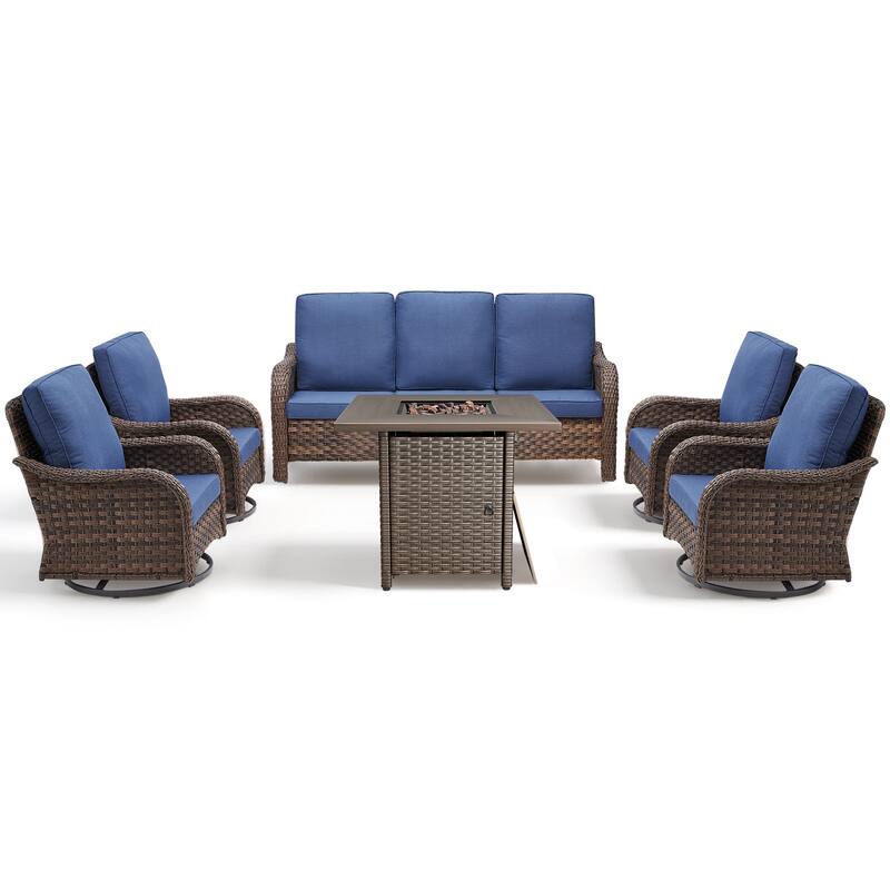 Pocassy Patio Funiture Sofa Swivel Chair Ottoman with Fire Table Set