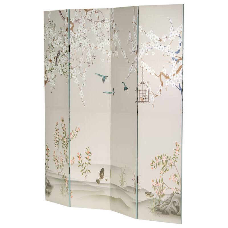 6 ft. Tall Double Sided Birds and Plum Blossoms Canvas Room Divider
