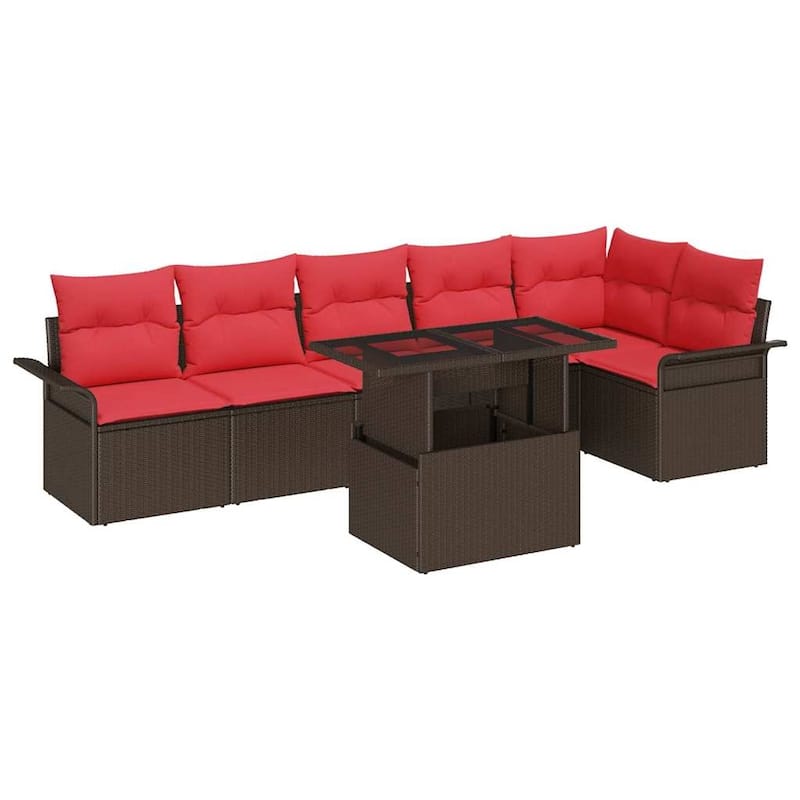 vidaXL 7 Garden Sofa Set with Cushions Black/Brown/Grey Poly Rattan - 92.1 x 52.2 x 27.2