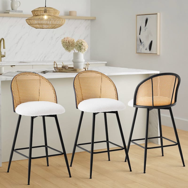26-Inch Swivel Counter Height Bar Stools with Rattan Back - 36"H x 18.5"W x 19.7"D - Set of 3 - Fabric-White