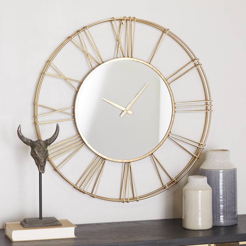 Metal Open Frame Decorative Wall Clock with Center Mirror - Gold or Black - Roche River Decor