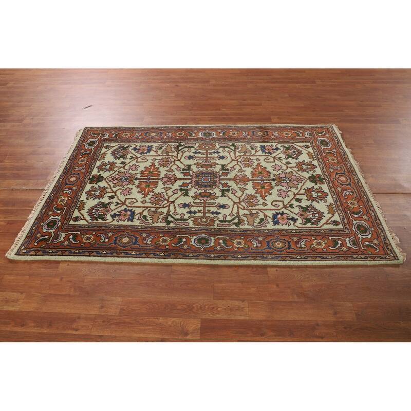 Light Green Heriz Serapi Indian Accent Rug Handmade Wool Carpet - 3'10" X 6'3"