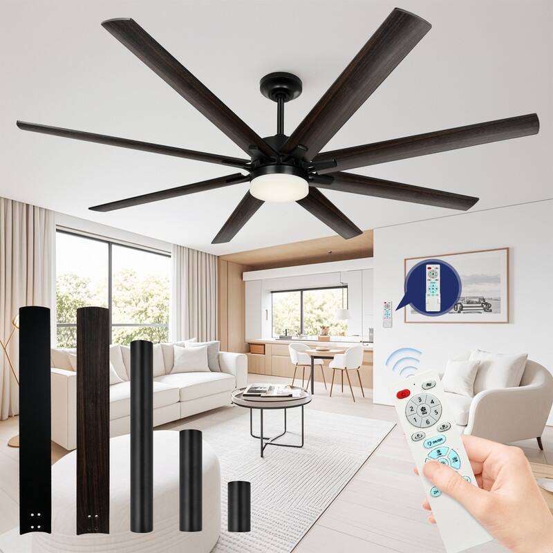 72 in. Indoor Black Large Industrial Ceiling Fans with Lights and Remote Control, Reversible, 8 Aluminum Blades