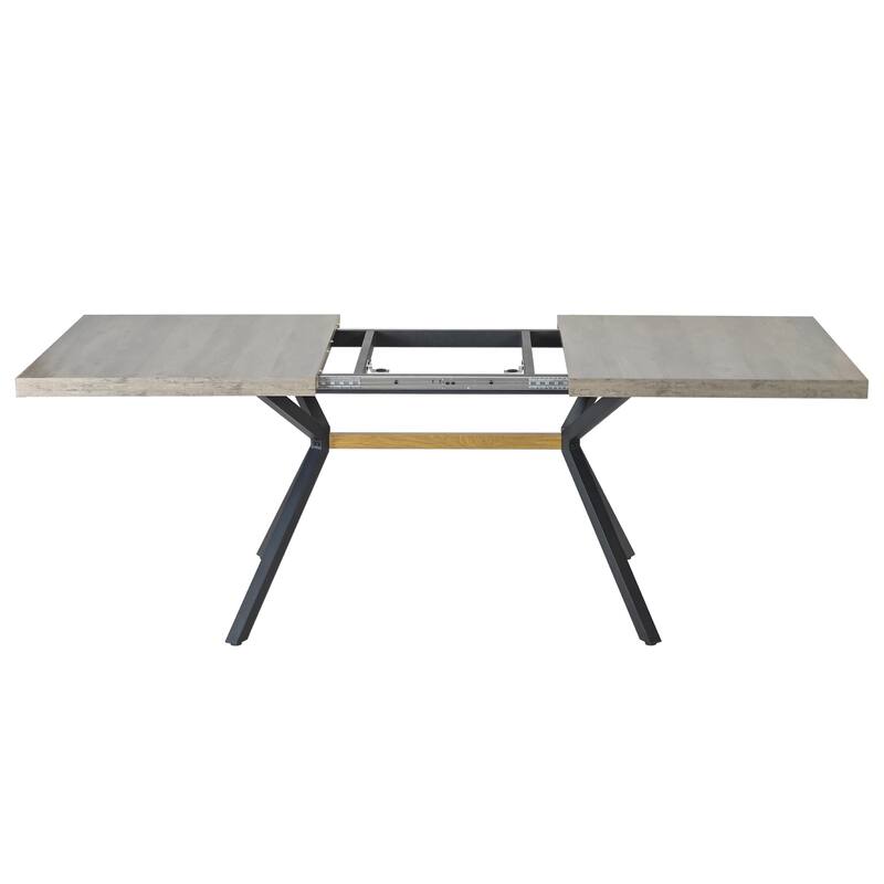 62.99"- 78.74" Rectangular Stretch Dining Table With Wooden Tabletop and Embossed Centerboard, Fine Sanded Iron Leg Base Stretch