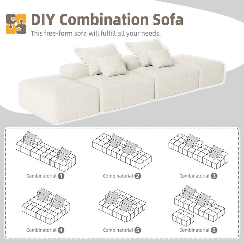 Modern 4 PCS DIY Combination Modular Sofa with 2 Ottoman, 2 seat & 4 Pillows