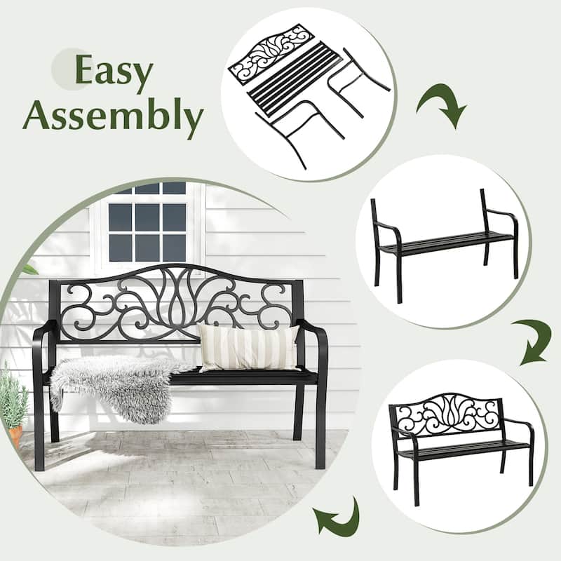 Black Cast Iron Metal Garden Bench with Floral Backrest and Ergonomic Design - 50" L x 24" W x 35" H