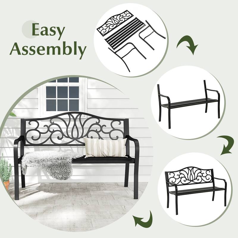 Gymax 2-person Metal Bench w/ Floral Pattern Slanted Backrest Slatted