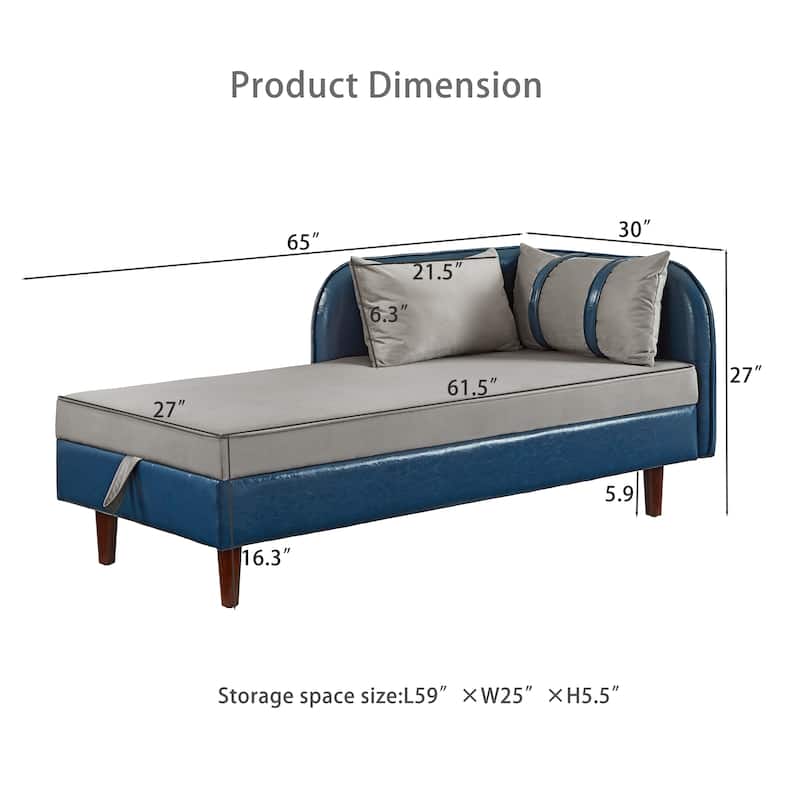 65" Storage Chaise Lounge Sofa with PU and Velvet Upholstery, Modern Sleeper Sofa with Hidden Storage