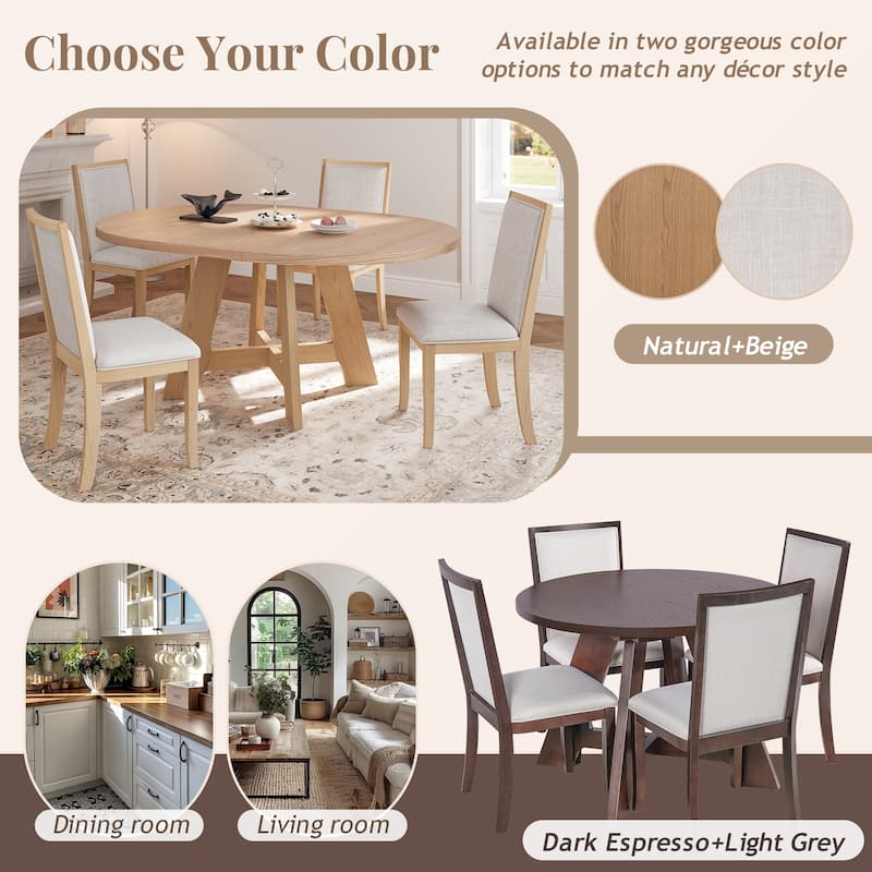 Farmhouse Round Extendable Dining Table Set for 4: 5-Piece Kitchen Table with Removable Leaf & 4 Upholstered Chairs