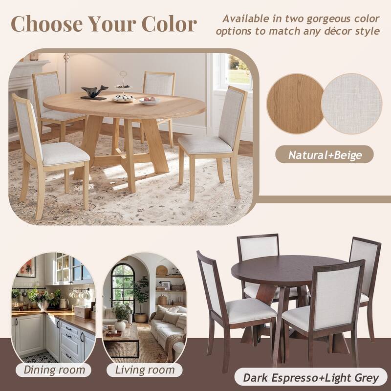 Roomfitters 5-Piece Extendable Round Dining Table Set with Removable Leaf and 4 Upholstered Chairs